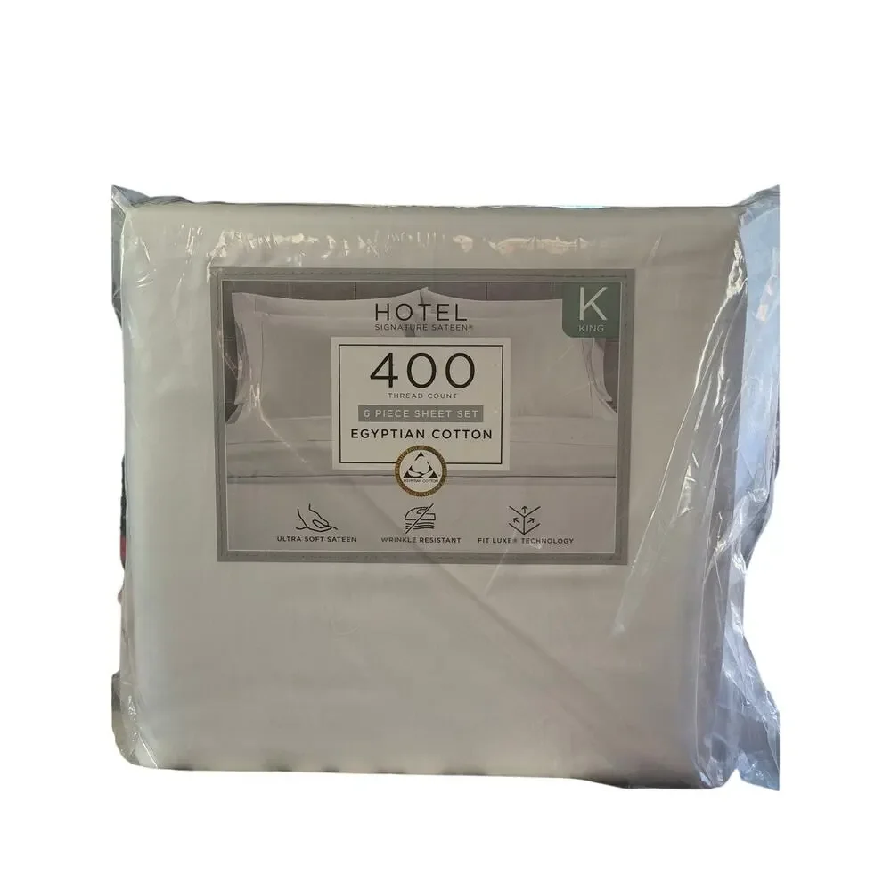 Hotel Signature Sateen King 400TC Egyptian Cotton Sheet Set White 6pc New